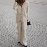 Manteau ample en coton et lin de couleur unie à col en V, pantalon taille haute à jambes larges, ensemble décontracté deux pièces